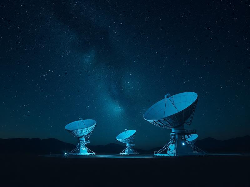Radio telescope array in a dark desert under a star-filled sky