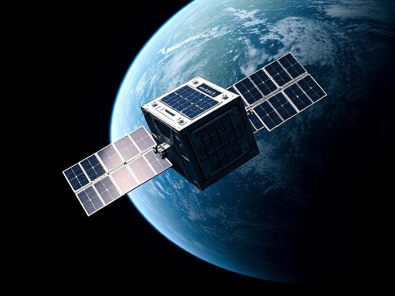 CubeSat satellite in low earth orbit with solar panels deployed